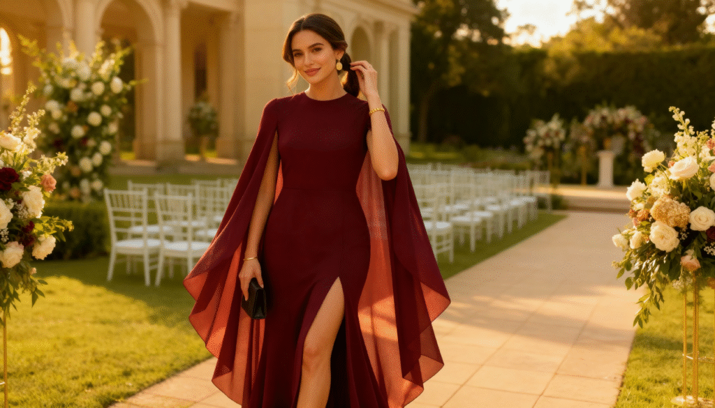 Elegant woman wearing a burgundy gown with cape details at an outdoor graduation ceremony, embodying quiet luxury style and timeless sophistication.