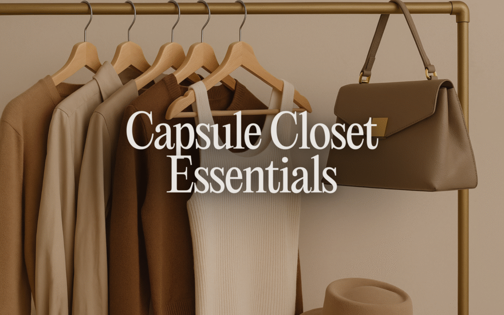 Capsule closet essentials with neutral classic wardrobe pieces and luxury accessories