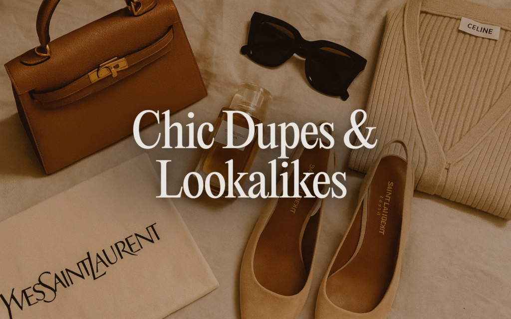 Chic dupes and luxury lookalikes featuring Saint Laurent flats, Celine knitwear and old money fashion accessories