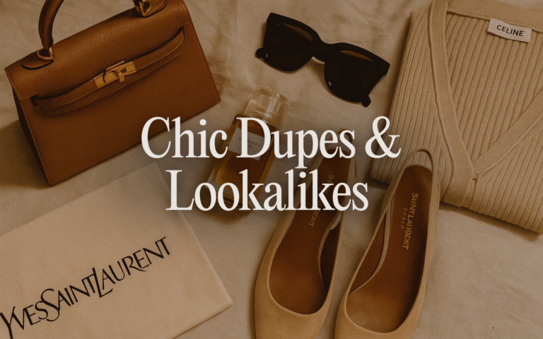 Chic dupes and luxury lookalikes featuring Saint Laurent flats, Celine knitwear and old money fashion accessories