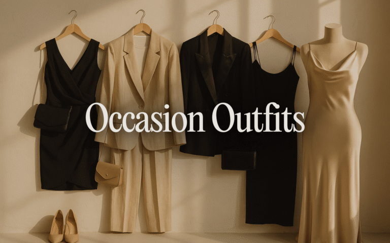 Elegant occasion outfits for women – quiet luxury dresses, tailored suit and satin slip dress for formal events
