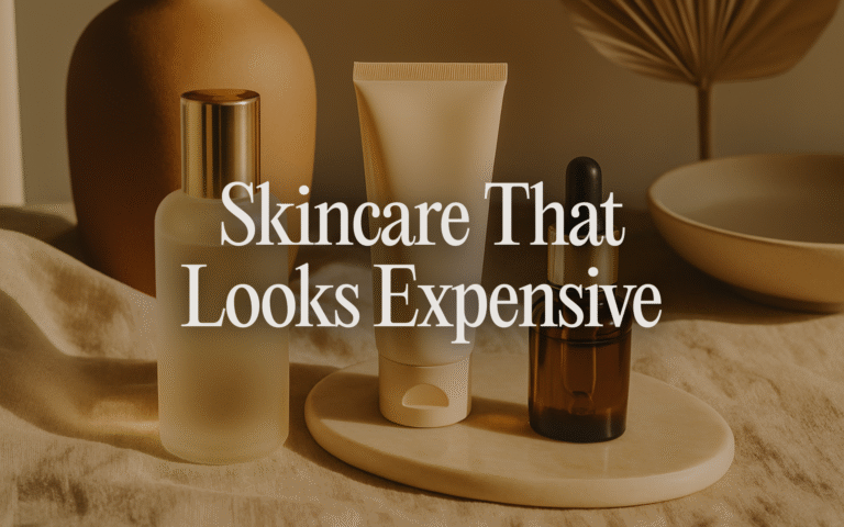 Luxury skincare products that look expensive – minimalist bottles and serum in a quiet luxury aesthetic