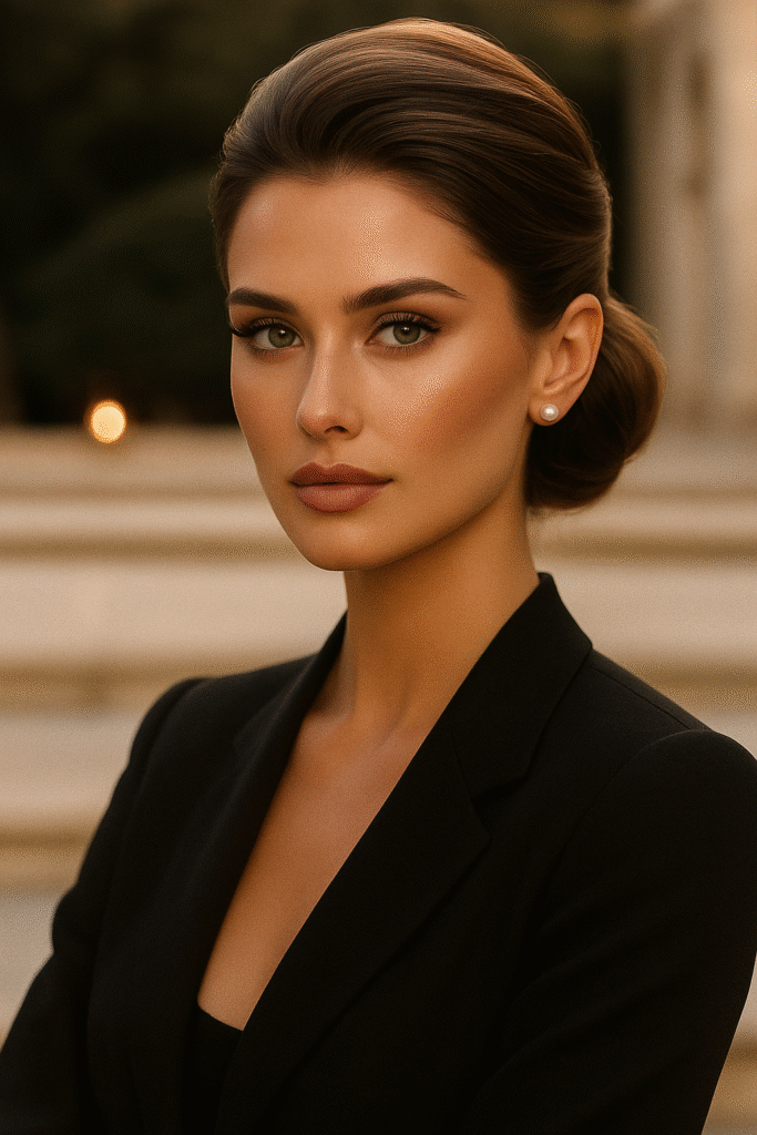 elegant woman with polished blow dry and natural makeup in old money aesthetic elegant woman with polished blow dry and natural makeup in old money aesthetic