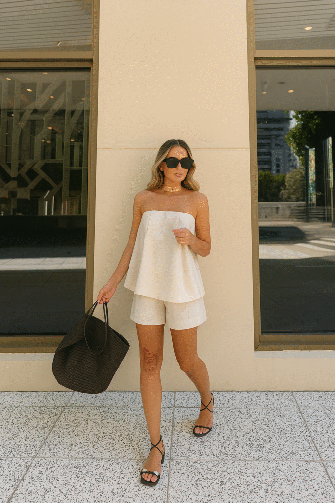 Chic white strapless layered top with linen shorts, styled with black strappy sandals, oversized tote bag and cat-eye sunglasses – minimalist old money summer outfit