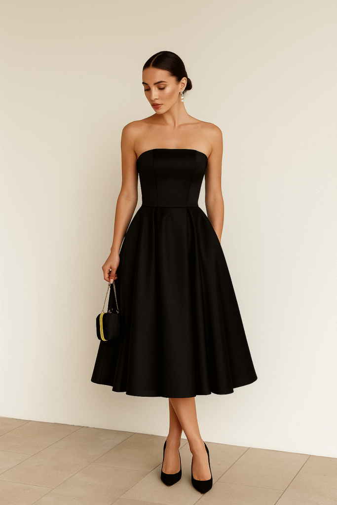 Elegant black strapless graduation dress outfit with clutch and heels