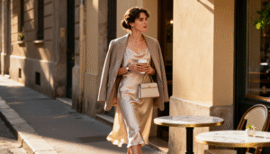 Blog Elegant woman restyling her satin graduation dress with a neutral blazer and minimalist accessories, embracing the quiet luxury aesthetic.