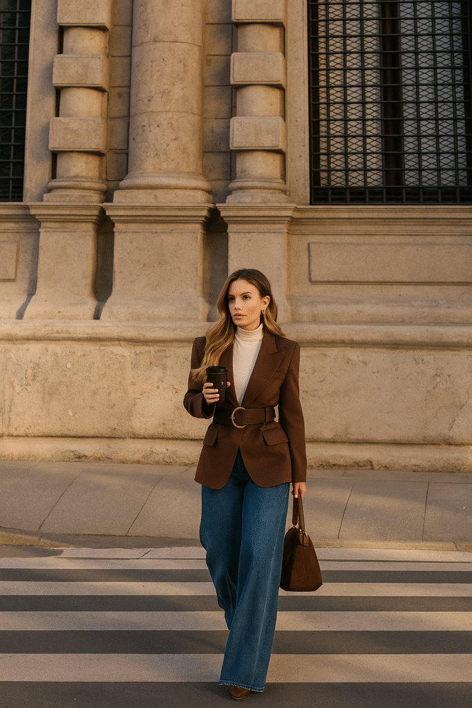 Elegant old money fall outfit with a brown belted blazer, cream turtleneck sweater, wide-leg jeans, and suede tote bag – timeless autumn city style.