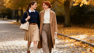 Two elegant women walking through a tree-lined autumn street, wearing classic preppy and old money style outfits in neutral tones.