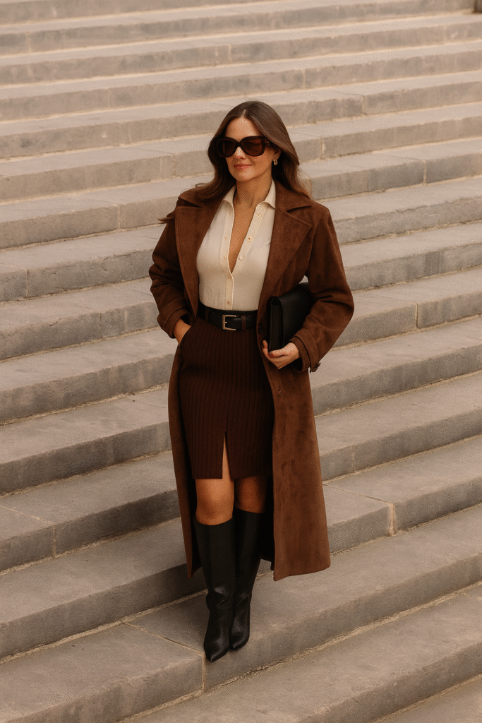 Old Money fall outfit with brown suede coat, ivory blouse, ribbed knit skirt, and black knee-high boots.