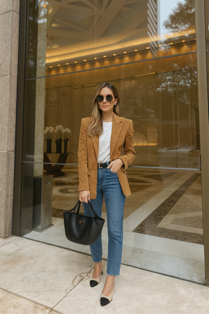 Old Money Fall Outfits Casual chic outfit with camel blazer, white t-shirt, blue jeans, two-tone heels, and black tote bag.