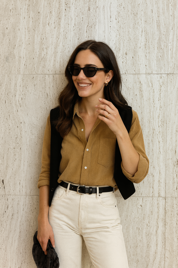 Old Money Fall Outfits Casual chic outfit with camel corduroy shirt, cream jeans, black belt, and gold hoop earrings.