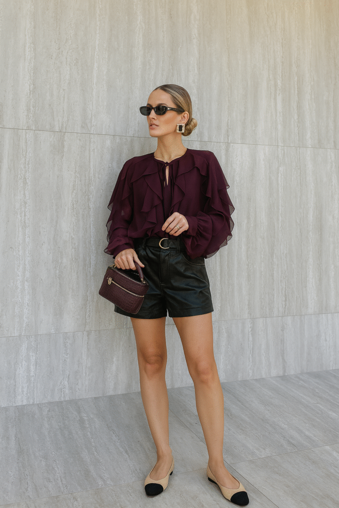 Old Money Fall Outfits Chic fall outfit with burgundy ruffle blouse, black leather shorts, mini top handle bag, and two-tone ballet flats.