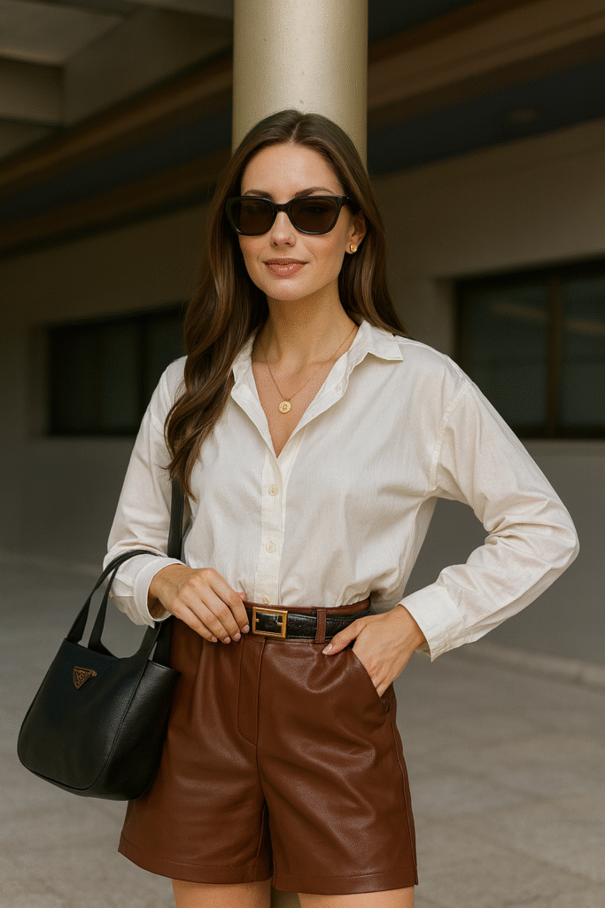 Old Money Fall Outfits Chic summer outfit with a white button-up shirt, brown leather shorts, black belt, and black structured tote bag.