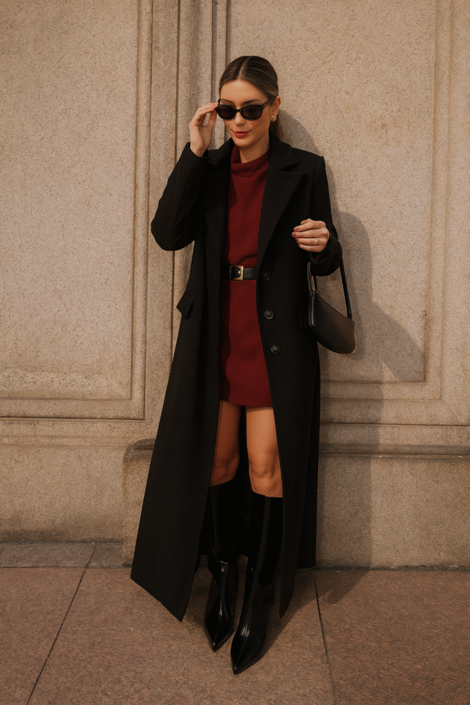 Old Money fall outfit with black long coat, burgundy mini dress, black belt, and knee-high boots.