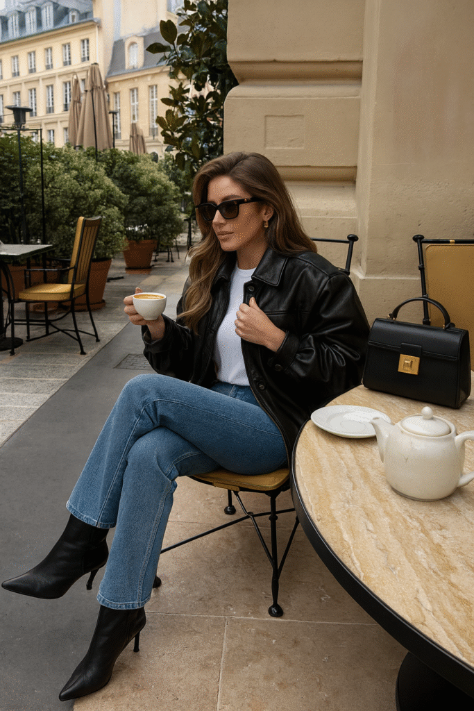 Elegant Old Money fall outfit with a black leather jacket, white t-shirt, straight blue jeans, ankle boots, and a structured handbag – chic Parisian cafe style.