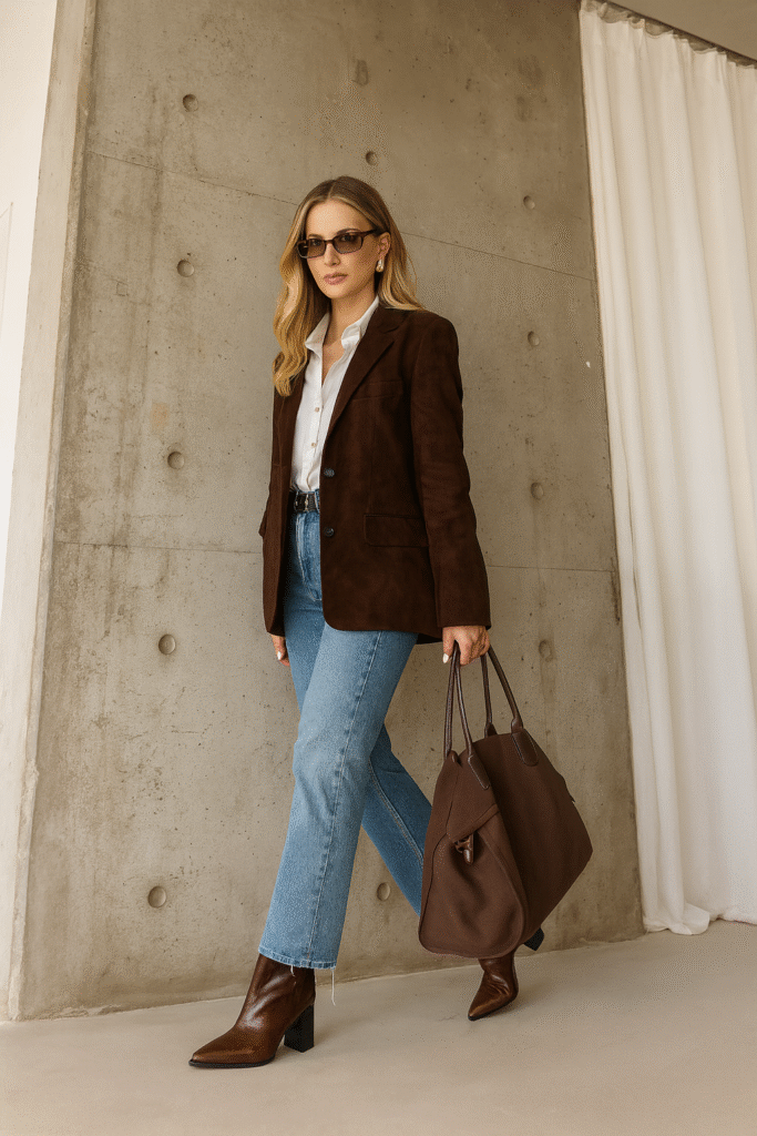 Old Money fall outfit with brown suede blazer, white shirt, blue straight jeans, and leather boots.