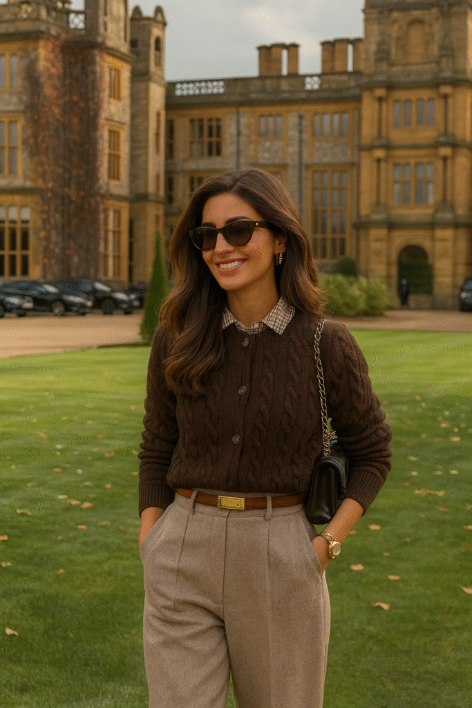 Old Money fall outfit featuring a brown cable knit sweater layered over a plaid shirt, styled with beige tailored trousers, a leather belt, and a quilted handbag – timeless autumn preppy look.