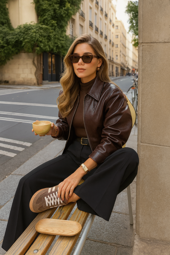 Old Money fall outfit with brown leather jacket, turtleneck sweater, wide-leg trousers, and retro sneakers.