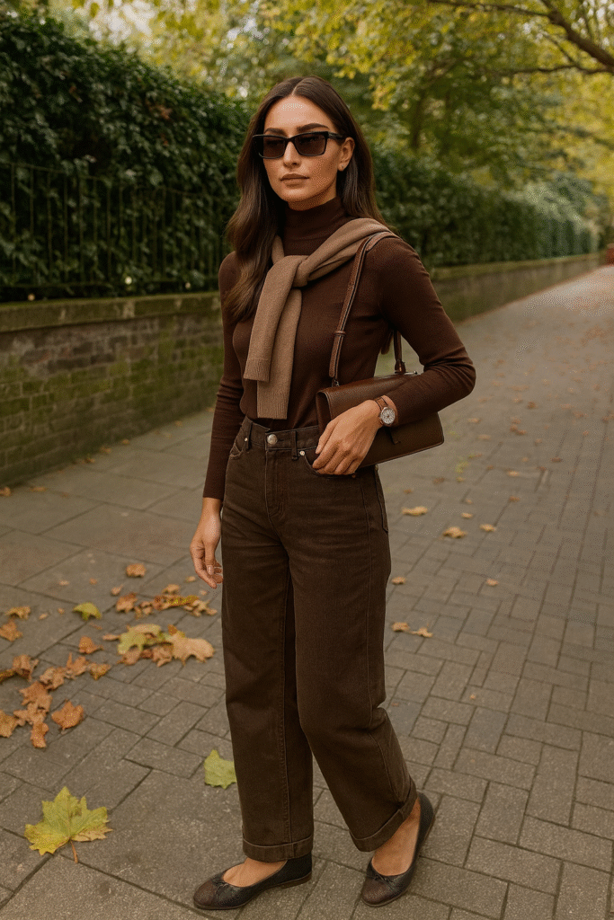 Old Money fall outfit with brown turtleneck, dark brown jeans, ballet flats, and shoulder bag.