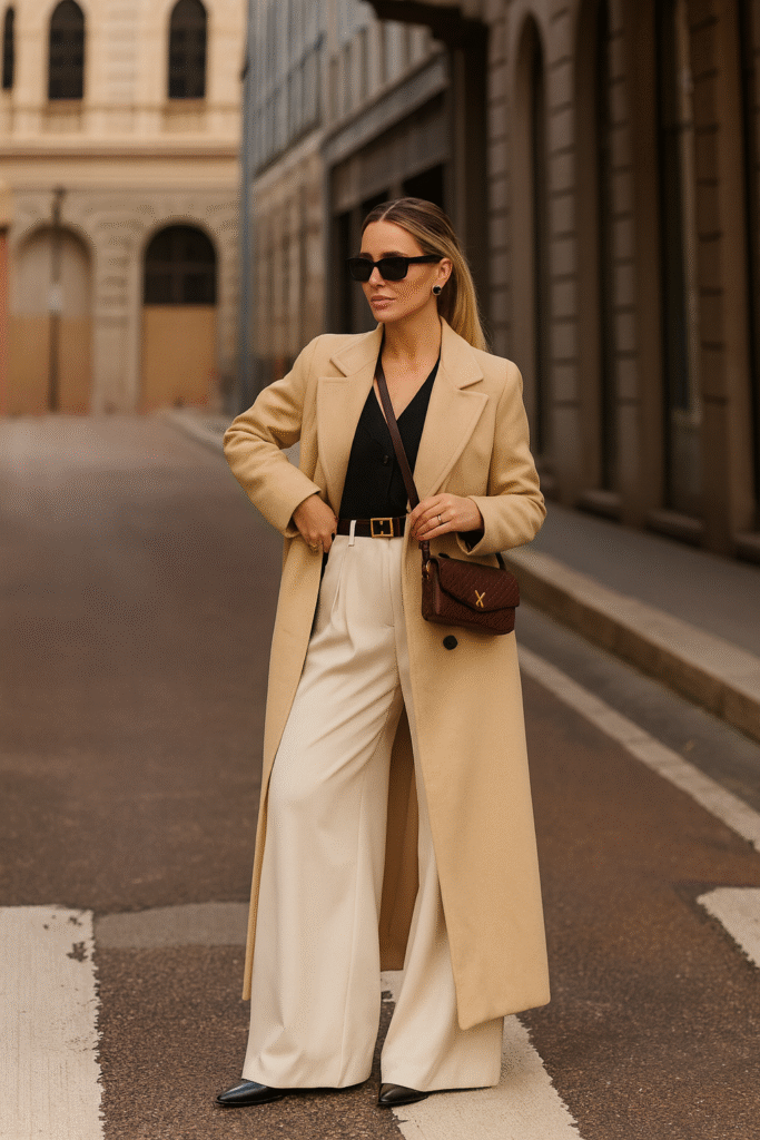 Chic Old Money fall outfit with a long camel coat layered over a black blouse and cream wide leg trousers, styled with black heels and a brown crossbody bag.