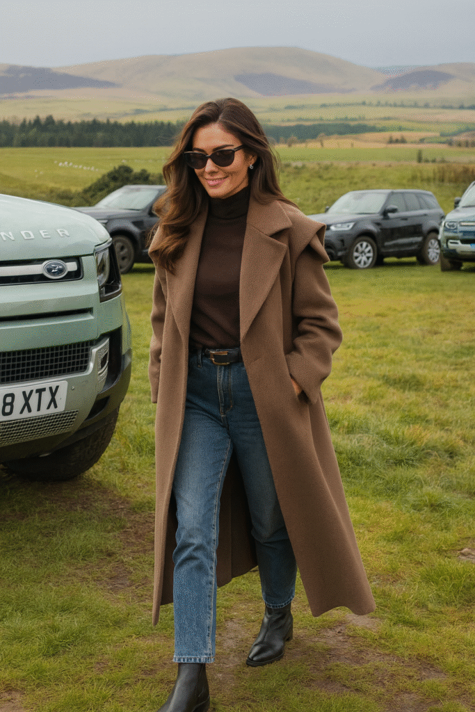 Chic Old Money fall outfit featuring a camel long coat, brown turtleneck, straight-leg jeans, and black leather boots – timeless countryside autumn elegance.