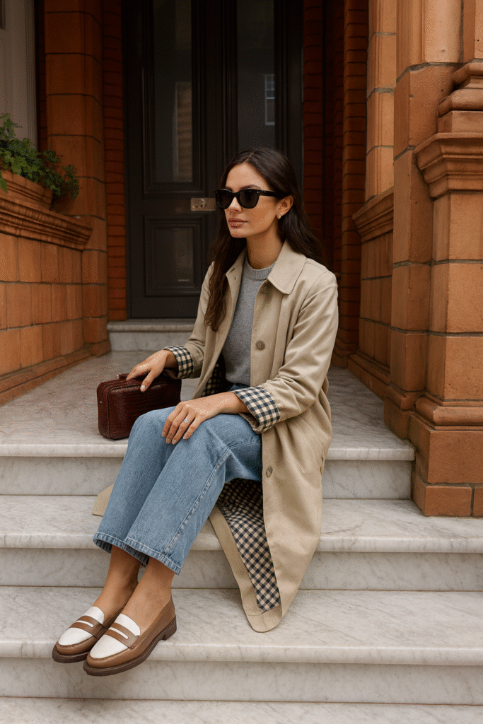 Old Money fall outfit with a beige trench coat, grey sweater, straight blue jeans, brown and white loafers, and a burgundy bag.