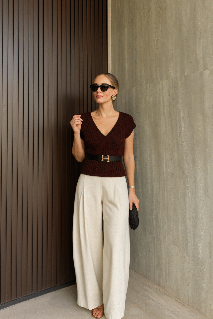 Old Money summer outfit with burgundy knit top, beige wide-leg trousers, statement belt, and black woven clutch.