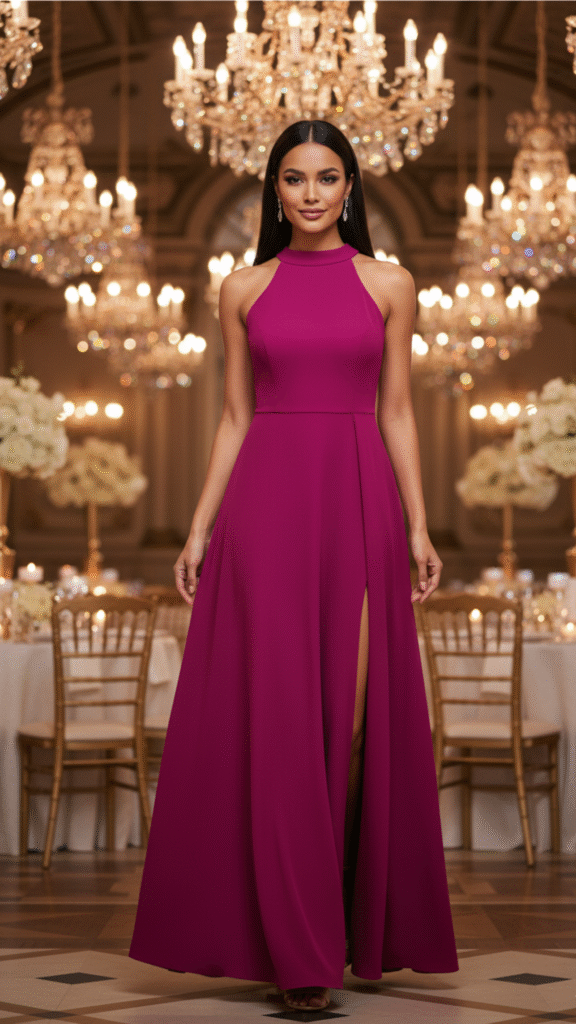 Old Money Wedding Guest Outfits Old Money wedding guest outfit featuring a fuchsia evening gown with high slit, crystal drop earrings, and strappy heels.