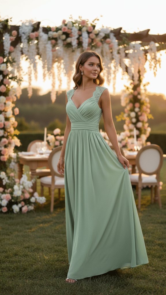Old Money Wedding Guest Outfits Old Money wedding guest outfit featuring a mint green maxi dress with lace shoulder details, strappy silver sandals, drop earrings, and a delicate gold bracelet.