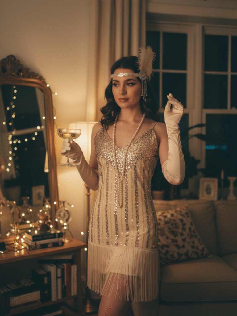 Great Gatsby flapper costume – 1920s elegant halloween costume idea for women.