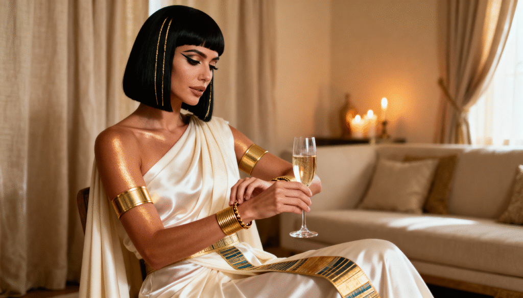 Elegant Cleopatra-inspired Halloween costume for women featuring satin fabric, gold accessories, and refined Old Money style elegance.