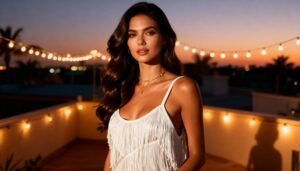 New Year’s Eve outfits on a rooftop, elegant quiet luxury holiday look.