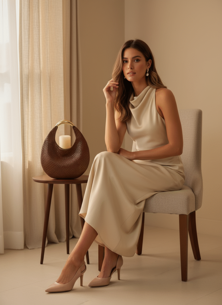 Elegant woman wearing a champagne crepe midi dress with pearl drop earrings and nude heels, seated in a softly lit beige room with neutral decor and warm holiday tones.