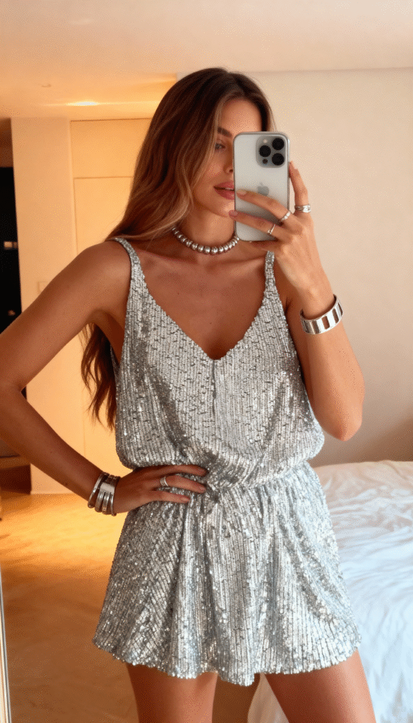Mirror selfie of a woman wearing a silver sequin mini dress.