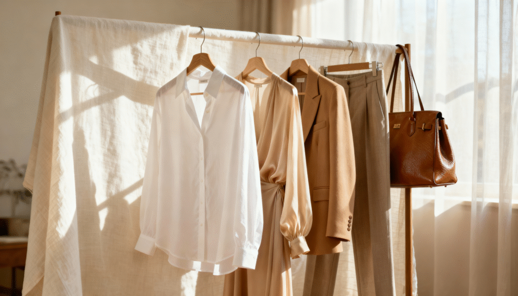 Old Money Capsule Wardrobe — Timeless Neutral Essentials Neutral-toned capsule wardrobe with white blouse, silk dress, camel blazer, and leather bag, showcasing Old Money style and quiet luxury fashion.