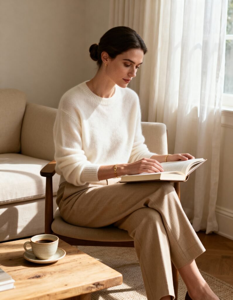 Old Money Style — The Essence of Quiet Luxury and Timeless Elegance Elegant woman embodying Old Money Style sitting by a sunlit window, wearing a neutral outfit that reflects quiet luxury aesthetics.