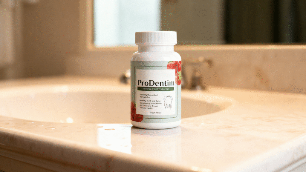 ProDentim Review 2025 bottle on a bathroom counter for a ProDentim review.