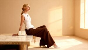 Elegant woman dressed in timeless neutral tones representing the essence of Old Money style and quiet luxury.