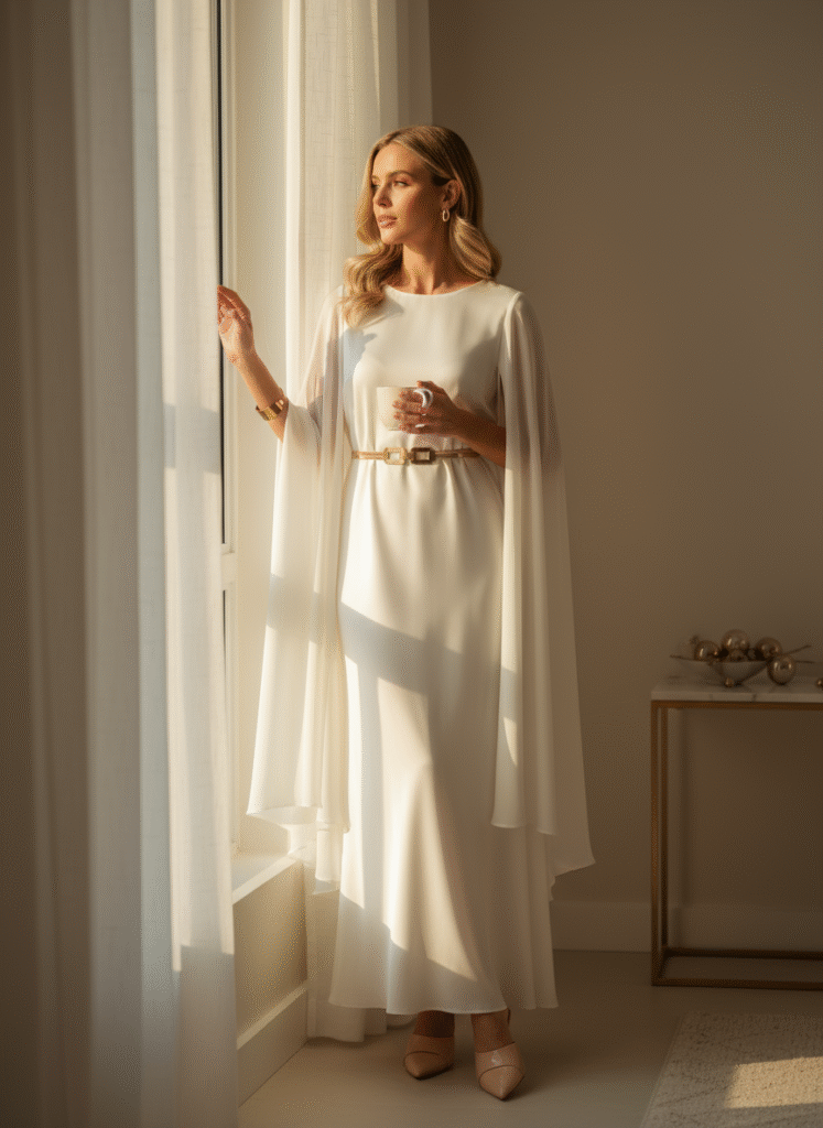 Elegant woman wearing a white cape maxi dress with a matte gold belt, standing by a window in natural light, creating a minimalist and sophisticated Christmas look.
