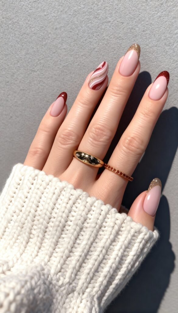 11. Red & Gold Luxe Swirl red-gold-luxe-swirl-christmas-nails-festive-nail-designs-nails-xmas-holiday-nails-2025