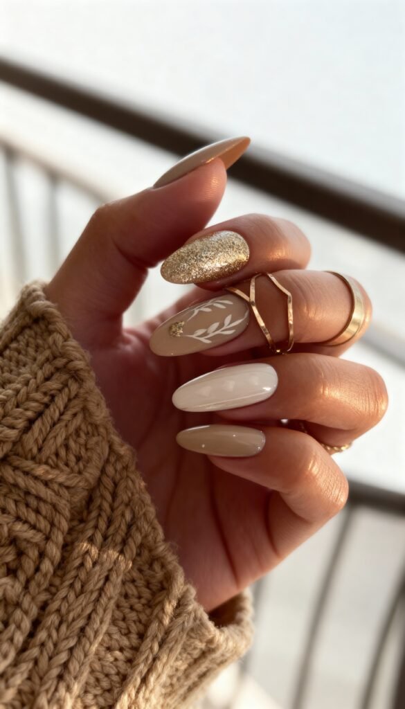 19. Cozy Knit Gold Accent cozy-knit-gold-accent-christmas-nails-festive-nail-designs-holiday-nails-2025