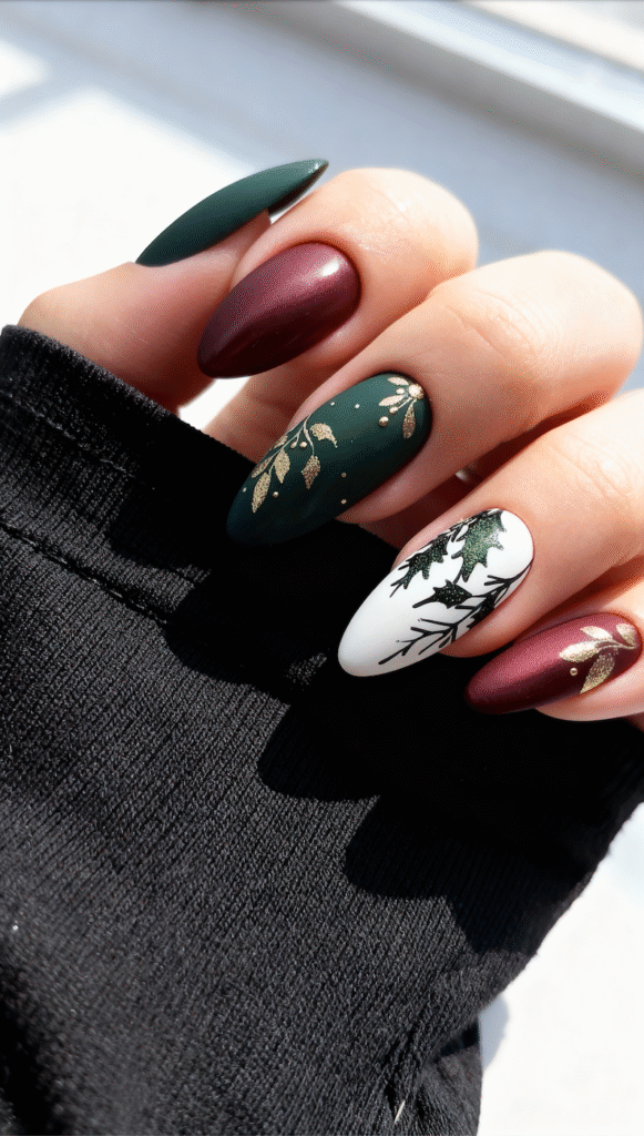 21. Green & Garnet Luxe Frost green-garnet-luxe-frost-christmas-nails-festive-nail-designs-nails-xmas-elegant-holiday-nails