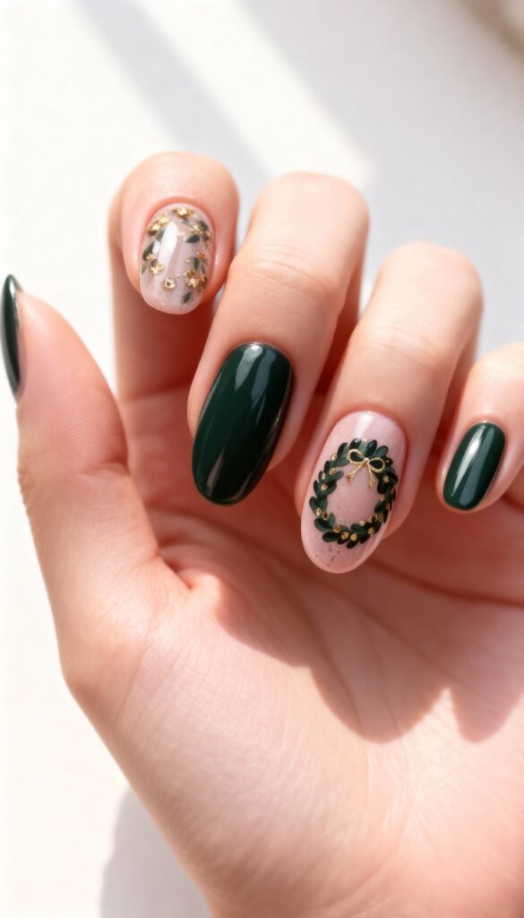 24. Evergreen Wreath Accent evergreen-wreath-accent-christmas-nail-designs-festive-nails-holiday-nails-2025.jpeg