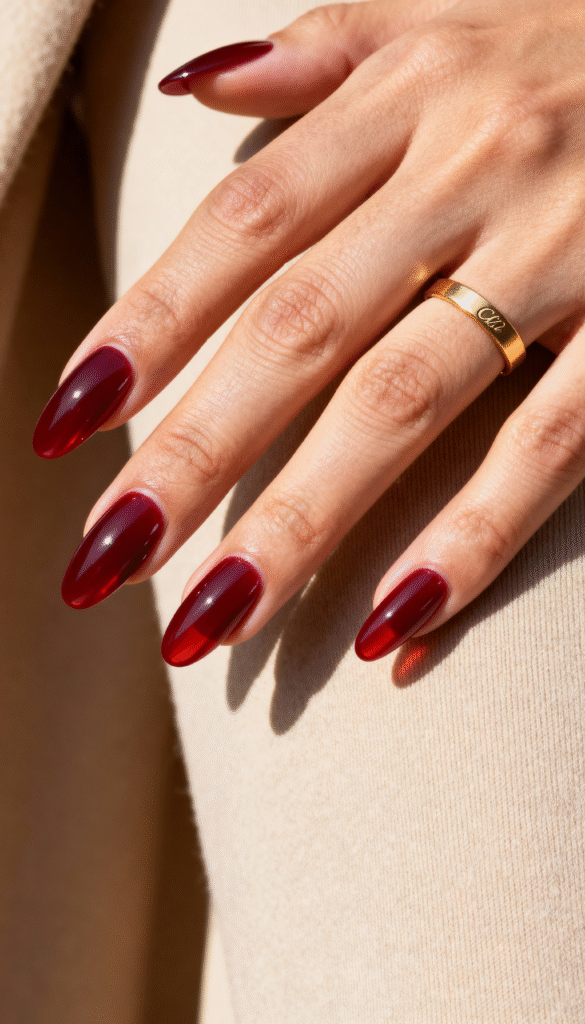 3. Red Jelly Cereja (Translúcido e Sensual) red-jelly-christmas-nails-cherry-glass-festive-nail-designs-xmas-2025