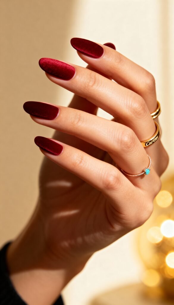 8. Velvet Red Satin velvet-red-satin-christmas-nails-festive-nail-designs-elegant-holiday-nails