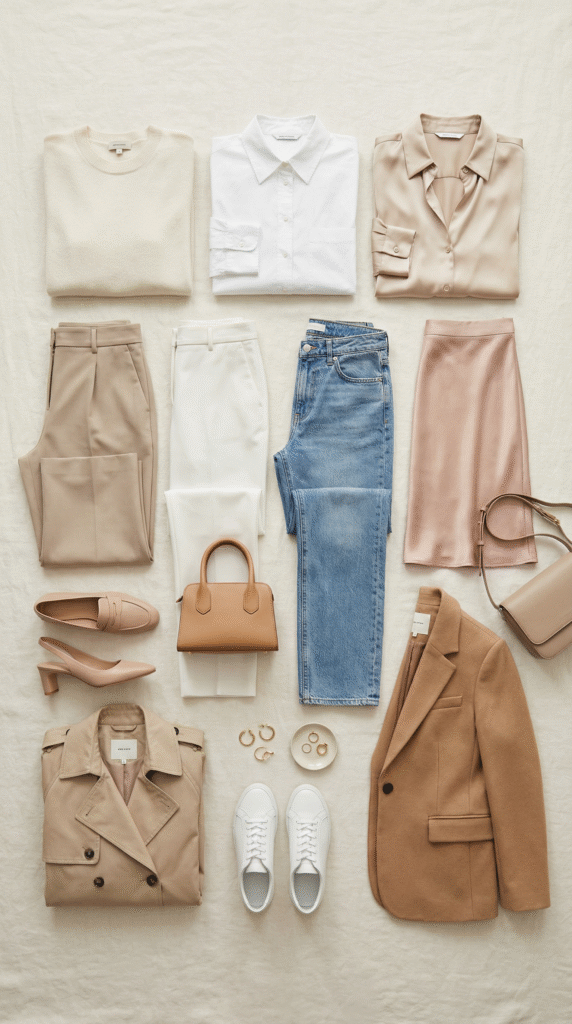 capsule-spring-wardrobe-25-essential-pieces-spring-outfits-for-women-flat-lay