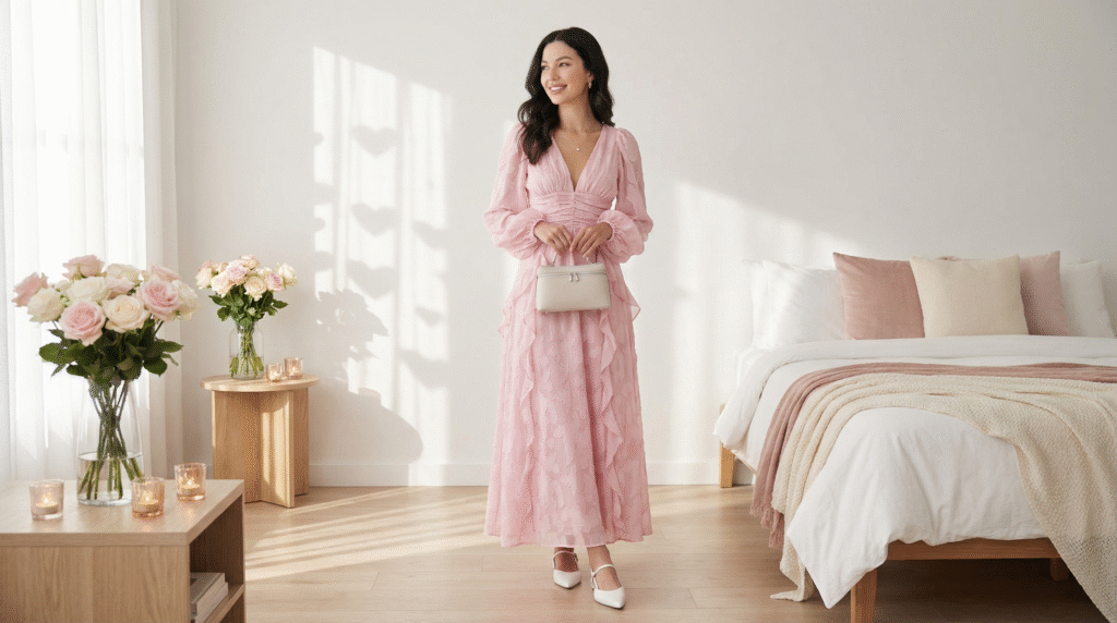 Home Dress for Valentine’s Day dress for valentine’s day Woman wearing a pink dress for Valentine's Day, ideal for a romantic Valentine's Day outfit for women. A perfect pink Valentine's Day dress to impress.