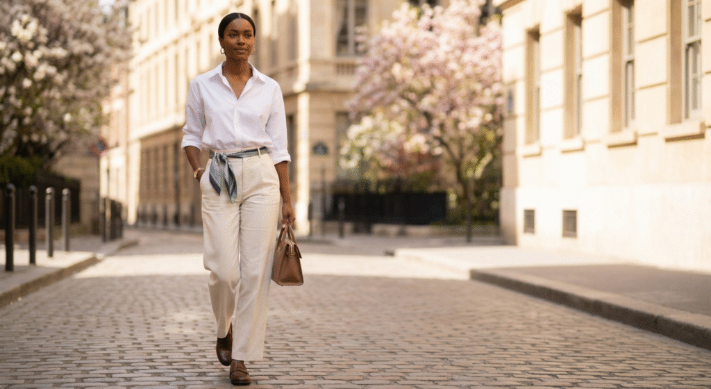 Home Elegant spring outfits in old money style featuring a white button-up shirt and light linen pants styled for a timeless spring capsule wardrobe look