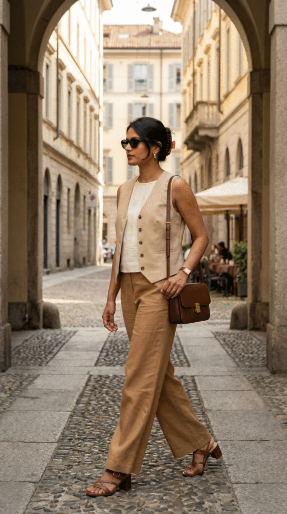 outfits-for-italy-summer-milan-museum-dinner-linen-blouse-camel-trousers-beige-vest