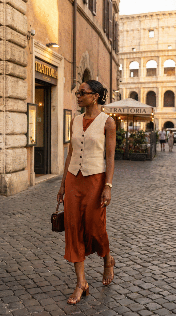 outfits-for-italy-summer-rome-colosseum-beige-vest-midi-skirt-caramel-sandals